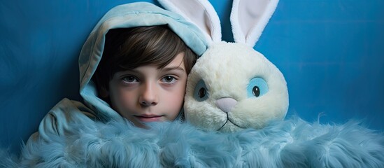 Canvas Print - A young boy with a hooded jacket is holding a stuffed rabbit, showing a happy smile with his mouth and showcasing his bright eyes and ears