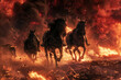 A close-up shot of the 4 horsemen's steeds, their eyes ablaze with supernatural fury, as they trample over the broken remnants of civilization,
