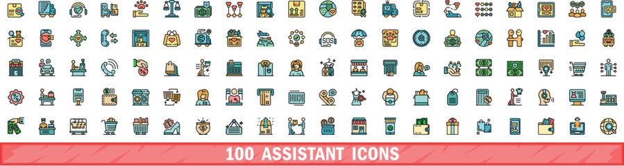 Poster - 100 assistant icons set. Color line set of assistant vector icons thin line color flat on white