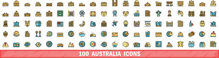 Poster - 100 australia icons set. Color line set of australia vector icons thin line color flat on white