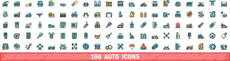 Poster - 100 auto icons set. Color line set of auto vector icons thin line color flat on white