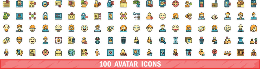 Poster - 100 avatar icons set. color line set of avatar vector icons thin line color flat on white