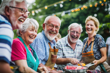 Group of happy senior people having fun at picnic barbecue diner in the garden