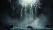 White waterfall, dark background, white mist, water droplets, fantasy style, game scene design, concept art, low angle view, wide angle lens, cool tone, mysterious atmosphere