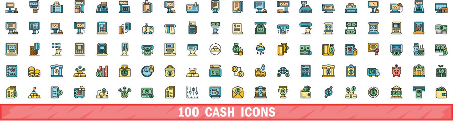Poster - 100 cash icons set. Color line set of cash vector icons thin line color flat on white