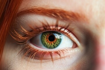 Beautiful green eyes of a red-haired girl. Macro photography of eyes with green pupil. Close-up drawing of a pupil