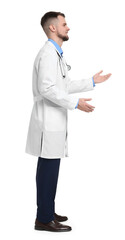 Wall Mural - Doctor in coat with stethoscope on white background