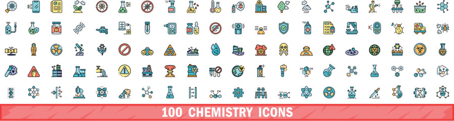 Sticker - 100 chemistry icons set. Color line set of chemistry vector icons thin line color flat on white