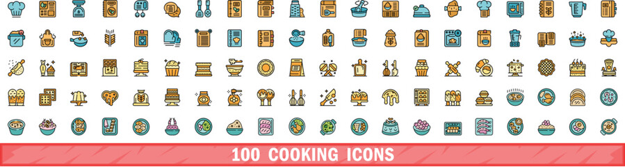 Poster - 100 cooking icons set. Color line set of cooking vector icons thin line color flat on white