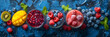 Smoothies with Fresh Berries and Fruits on Blue Background ,
A diverse assortment of nourishing foods including fresh fruits vegetables seeds superfoods