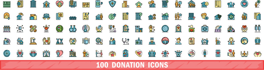 Poster - 100 donation icons set. Color line set of donation vector icons thin line color flat on white