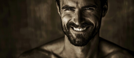 Poster - A shirtless man with a beard is smiling in a black and white photo, showcasing his happy smile, jawline, facial hair, and chest. He looks like a character from a vintage movie or an art event