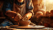 potter at work, A close-up of a skilled potter shaping clay on a pottery wheel in a sunlit studio