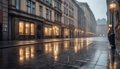 rainy day in the city, rainy day scene, empty street, rain drops on the ground