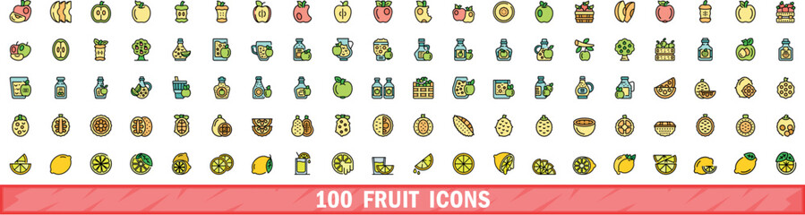 Poster - 100 fruit icons set. color line set of fruit vector icons thin line color flat on white