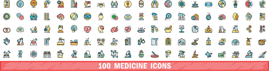 Poster - 100 medicine icons set. Color line set of medicine vector icons thin line color flat on white