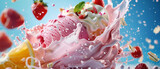 Fototapeta  - Dynamic image of vibrant fruit and ice cream splashes, capturing the essence of summer treats and indulgence.