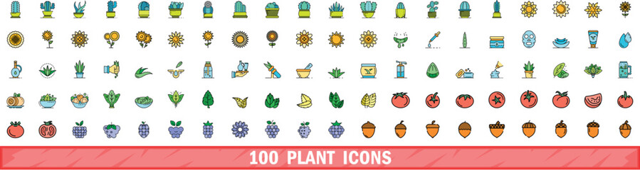 Poster - 100 plant icons set. color line set of plant vector icons thin line color flat on white