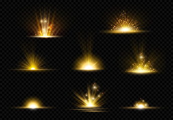 Poster - Horizontal bursts and glittering effect, realistic beam of light and illumination. Vector isolated magical glowing and ray with powder particles. Explosions with sparkles and energy discharge