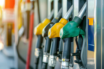 Fuel nozzle or fuel dispenser in gas station, one of the world's most traded commodities and vital to the economy, increase and decrease in oil prices, demand supply in oil