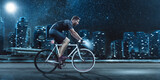 Fototapeta Miasto - Man Riding a Bicycle in Front of a City Skyline at Night