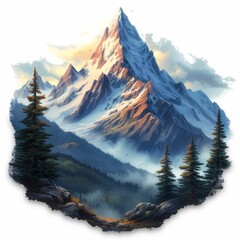Wall Mural - a drawing of a A serene mountain scene at sunrise, with misty clouds wrapping around the lush greene