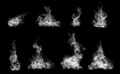 Poster - Realistic smoke or steam with swirls and foggy texture. Vector vapor from hot liquid or ground. Powder or condensation, cloudiness from fumes or evaporation of chemicals, odors flow stream