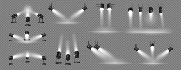 Poster - Projector illuminating scene to place, isolated spotlights with direction on spot. Vector isolated realistic lights for movies or theaters, product presentations or displays for advertisement