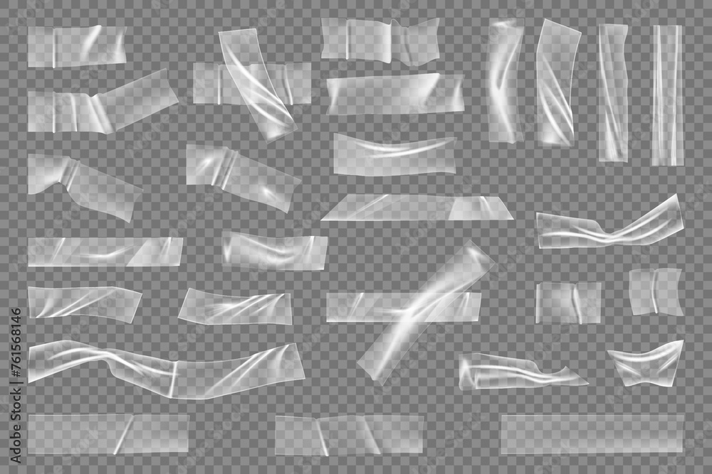 Crumpled realistic plastic strip with creased texture and folding. Vector isolated sticky tape or bandage, path, or foil with wrinkles. Polyethylene product set of adhesive clear stripes