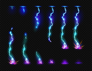 Poster - Thunder bolt discharge effect for animation or game location weather elements. Vector isolated realistic lightning strike, energy with glitter and power flashes, hitting floor or ground