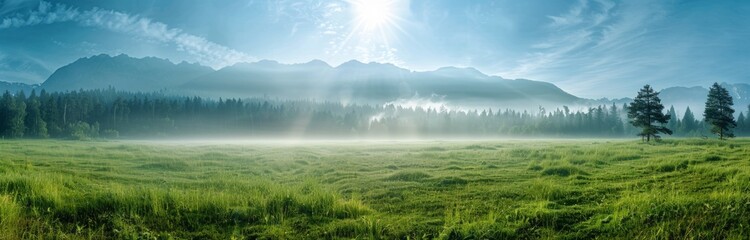 Wall Mural - panoramic view of foggy meadow with grass and trees in the background Generative AI