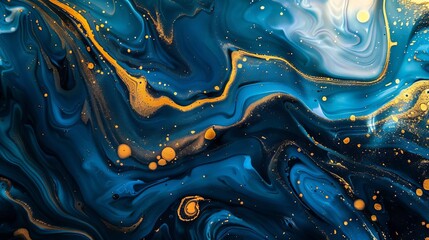 Wall Mural - Abstract fluid art background with vibrant blue and gold swirls, acrylic pour painting