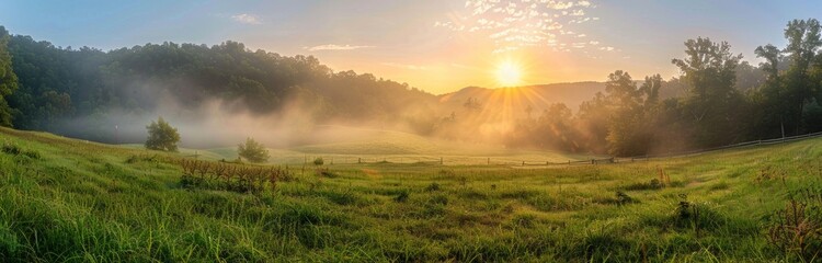 Wall Mural - panoramic view of misty meadow in the blue ridge mountains at sunrise with hills and trees in background Generative AI