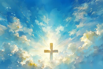 Wall Mural - Watercolor painting of an enormous cross shining in the sky, with clouds below it, on Easter morning