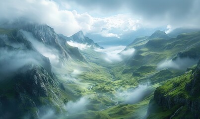 Wall Mural - Mountain fog and green forest. Natural landscape
