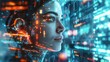 Cyberpunk female hacker with glowing digital interface elements, futuristic concept art
