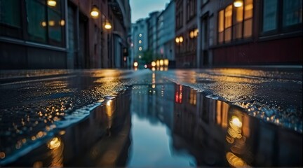 rainy day in the city, rainy day scene, empty street, rain drops on the ground