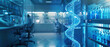 State-of-the-art laboratory with glowing blue DNA helix visualization, scientific discovery and high-tech medical research theme