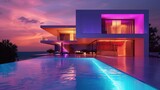 Fototapeta Do przedpokoju - Modern swimming pool on villa with beautiful neon LED lights concept. Generated AI image