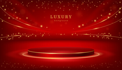 Aufkleber - Elegant luxury podium for product presentation or advertisement promo. Vector modern showcase place with golden curves and decorative flakes. Minimalist exhibition space, luxurious stand