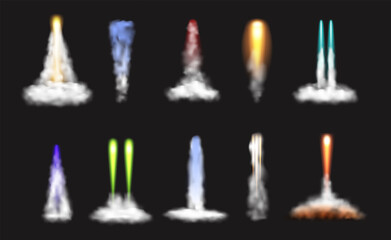 Poster - Taking off or launching rocket trail, isolated set of flames and fumes, smokes and fire. Vector spaceship or plane, jet of missile vapor. Realistic 3d effect of explosion steam from flying