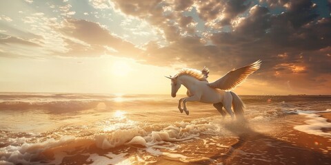 A unicorn is flying over the ocean with a person on its back