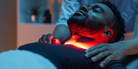 Poster - A man is laying on a table with a woman touching his neck