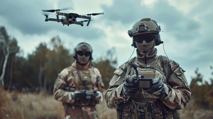 A man in camouflage is holding a remote control and watching a drone fly