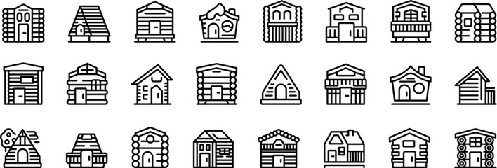 Wall Mural - Wooden cabin icons set outline vector. Wood tree home. Village small camp
