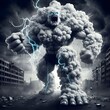 Ai generates illustration a human monster in the form of a giant angry cloud of smoke and streaks of lightning on its body with destroyed city background