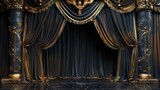 Fototapeta  - Empty background - Theater stage with black gold velvet curtains