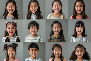 Wall Mural - collage of portraits and faces of smiling asian children for profile picture on grey background