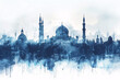 Watercolor skyline of city with domes and spires in blue hues