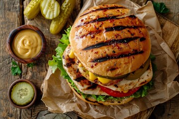 Wall Mural - Savory Chicken Sandwich Meal on Wooden Surface